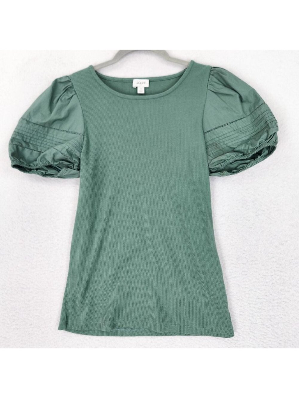 J Crew Shirt Womens Small Green Puff Sleeve Crew Neck Stretch Top Casual